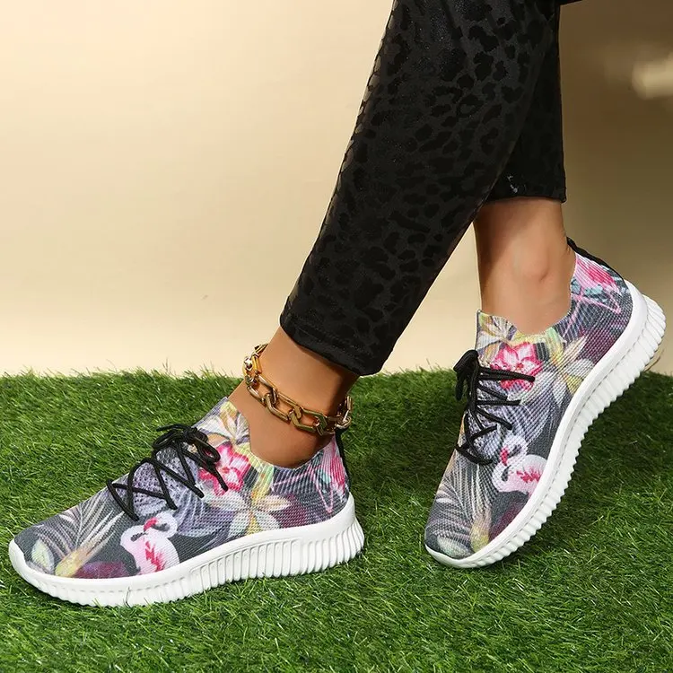 Fashion Sneakers for Women Flower Print Lace-Up Casual Shoes Outdoor Breathable Running Footwear Lady Vulcanized Shoe Plus Size