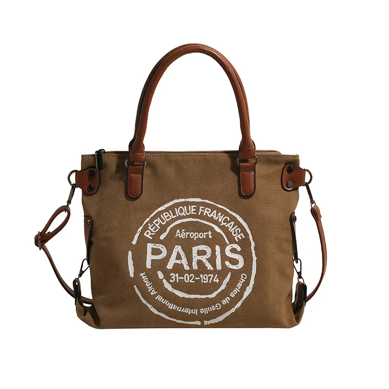

Large Women Stylish Crossbody Bag Retro Canvas Tote Bag Adjustable Shoulder Strap Vintage Paris Stamp Print Purses and Handbags