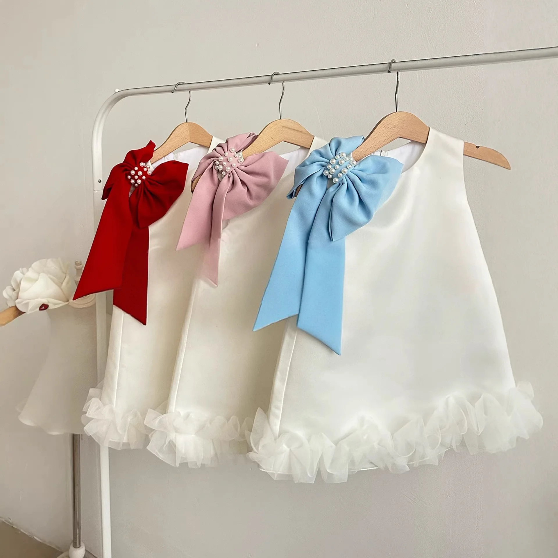HETISO Mädchen Neues Designer-Kleid für Partys Kinder Ärmelloses A-Linien-Kleid mit Perlen und Schleife Geburtstagsfeier Ballkleid