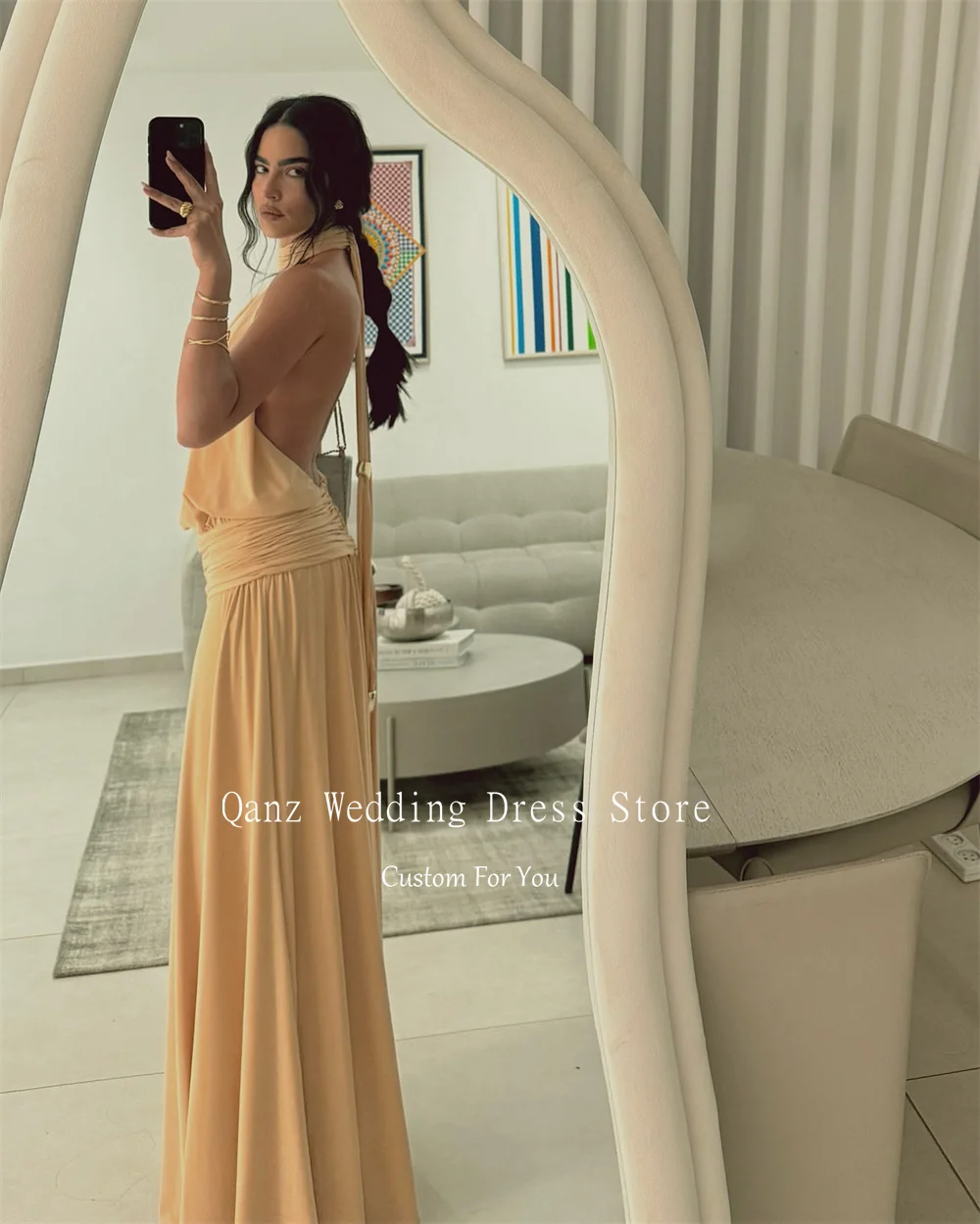 Qanz Modern Evening Dresses Halter Neck Sleeveless Yellow Prom Dress Floor Length Elegant Dresses For Special Event Customized