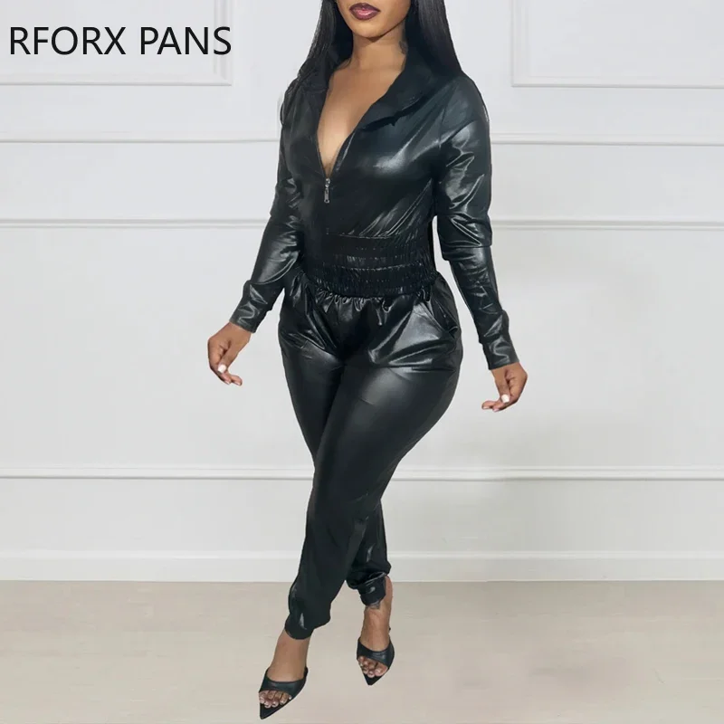 

Women Pu Leather Zipper Turn Down Neck Short Jacket Top & Ankle Length Bottoms Two Pieces Pants Set