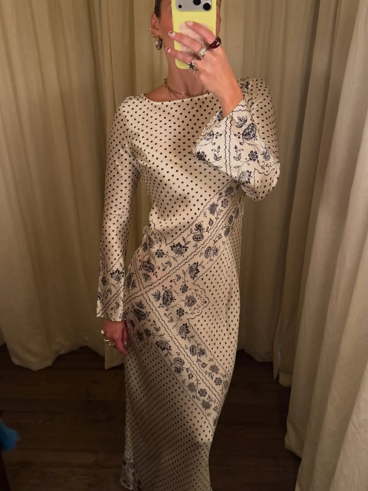 Polka Dot Flower Print Women's Maxi Dress 2026 Diagonal Cut Boat Neck Long Sleeve High Waist Elegant Slim 100% Silk Dresses