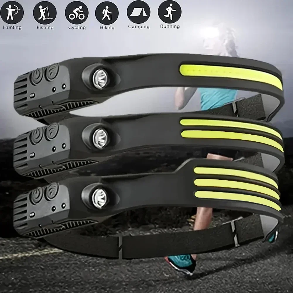 Linterna frontal con Sensor LED, batería integrada, recargable por USB, linterna frontal COB, linterna frontal LED, luz de búsqueda para pesca y acampada