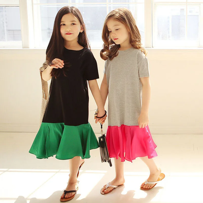 

Korean Summer Children Girl Straight Dress Teenager Girl Color Blocking Splicing Dress School Girl Comfortable Breathable Dress