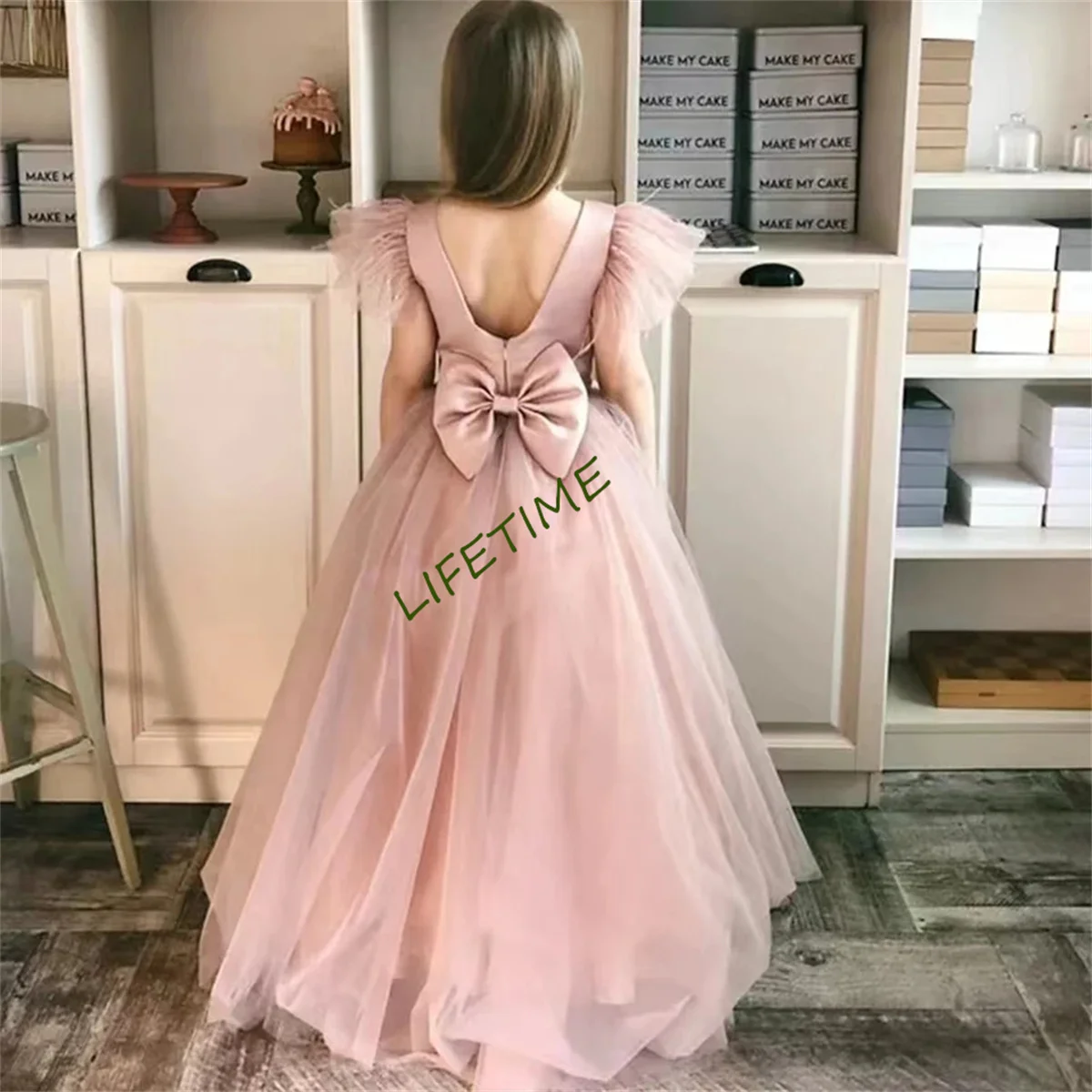 Pink Flower Girl Dresses Princess Birthday Party Gown Short sleeves Elegant Kids Bridal Dress First Communion With Child