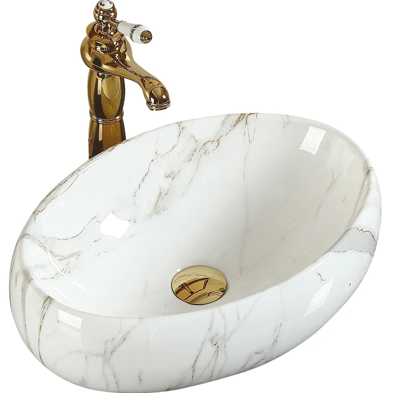

Hot Sale Luxury Style Bathroom Marble Countertop Ceramic Handmade Washbasin Installed Oval Art Sink Above Countertop