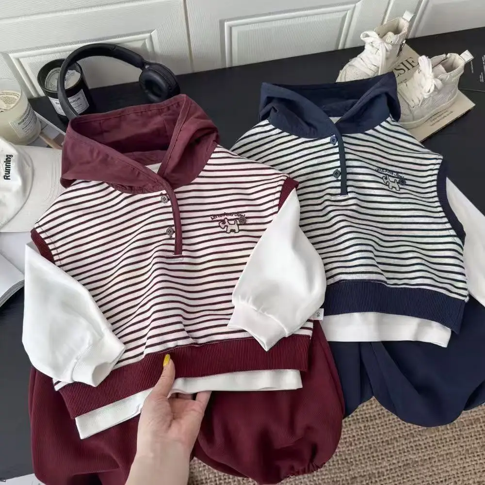 Children's Clothing Set Spring and Autumn New Korean Boys' Baby Vest+T-Shirt+Pants 3Piece Set Kids Casual Set