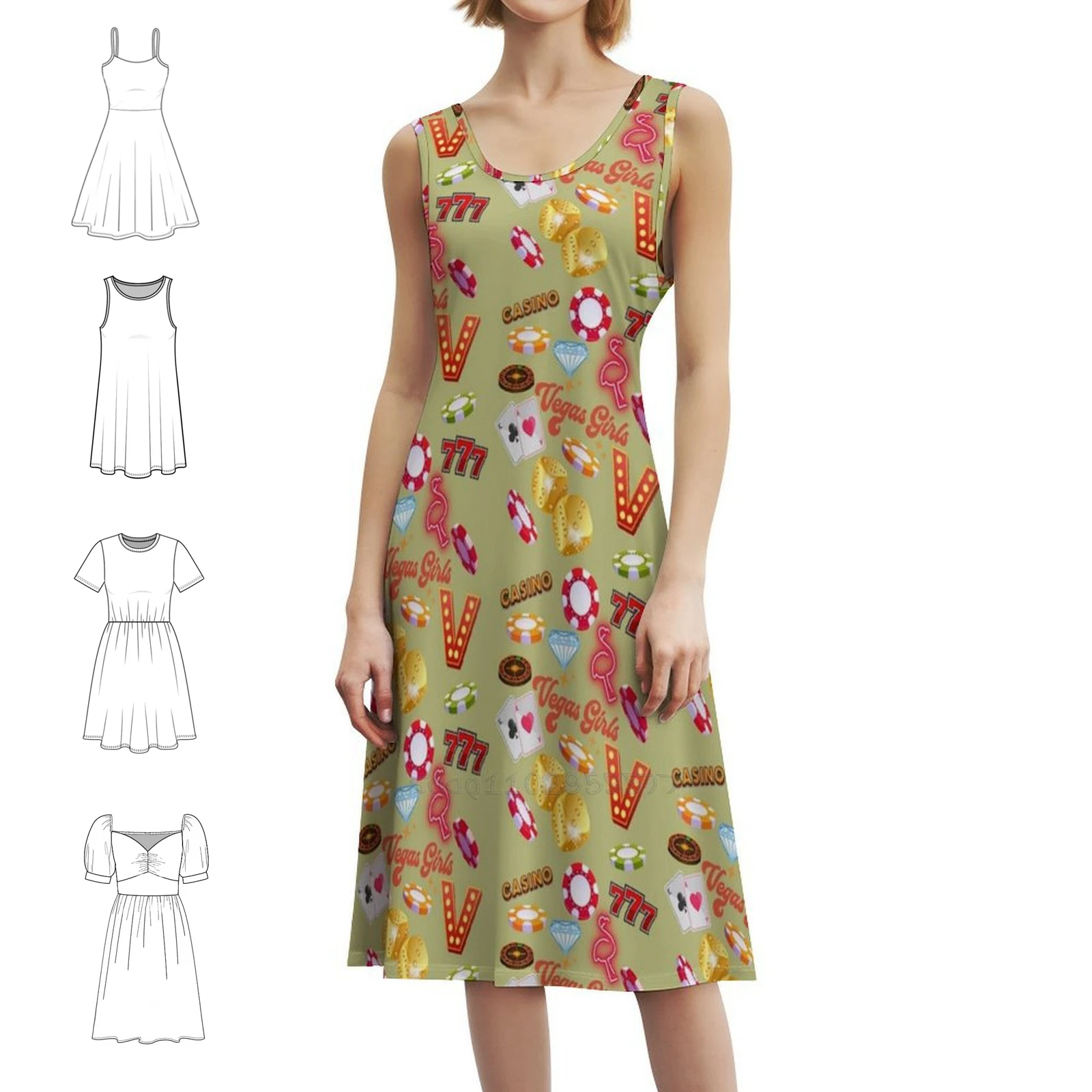 لاس فيغاس الرموز طباعة المرأة الهيب هوب الشارع الشهير فستان جرافيك طباعة حفلة نادي ارتداء النرد الذهب فلامنغو سبعة الثلاثي سبعة #1