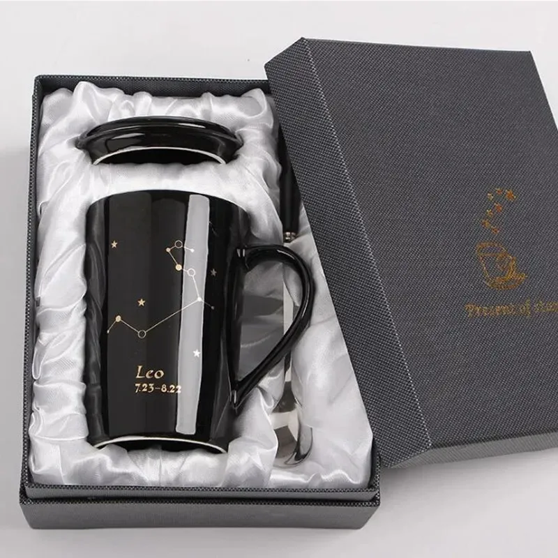With Gift Box 12 Constellations Ceramic Mugs Spoon Lid Black and Gold Porcelain Zodiac Milk Coffee Cup 400ML Water