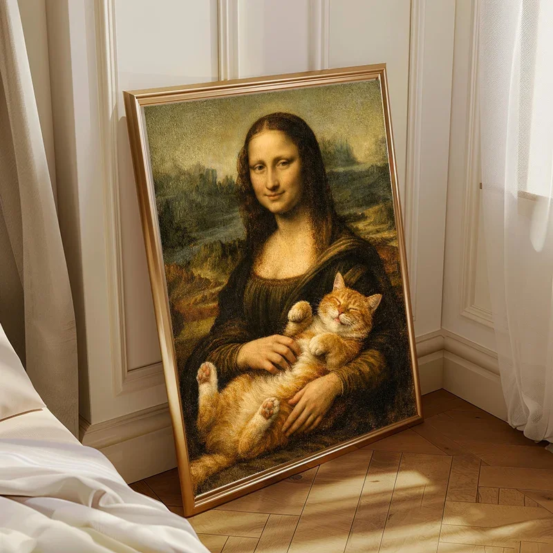 1pc frameless Canvas Painting Funny Mona Lisa with Dachshund Orange Cat Schnauzer Poster Canvas Painting Print for Wall Art Livi