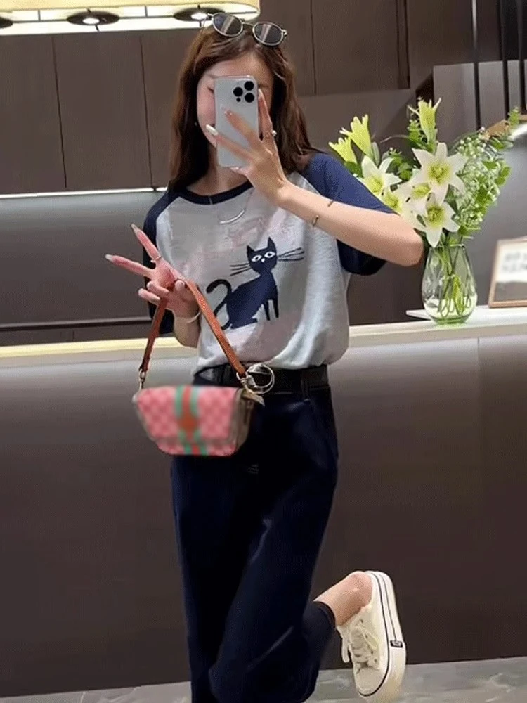

Unique Simple Fashionable Ladies Short Sleeve Wide Leg Jeans Set Two Pieces Summer 2025 round Neck Overhead Brand Ai Yun