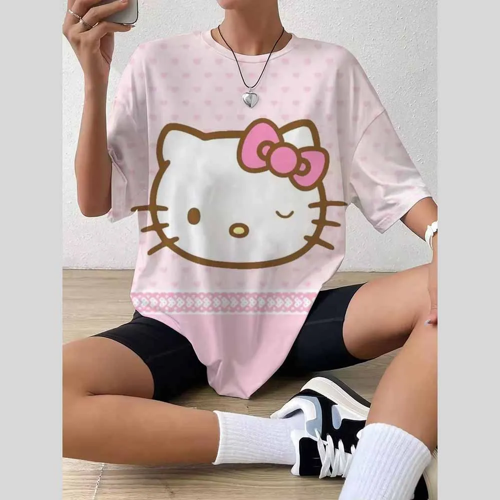 เสื้อแฟชั่นผู้หญิง 2025 ผู้หญิงHello Kittyพิมพ์เสื้อยืดแขนสั้นพลัสขนาดผู้หญิงY2kเสื้อผ้า