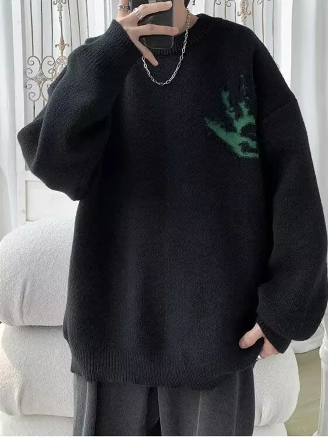 

Круглый свитер с буквенным узором в американском стиле ретро, мужской осенне-зимний новый универсальный вязаный топ Lazy Sle