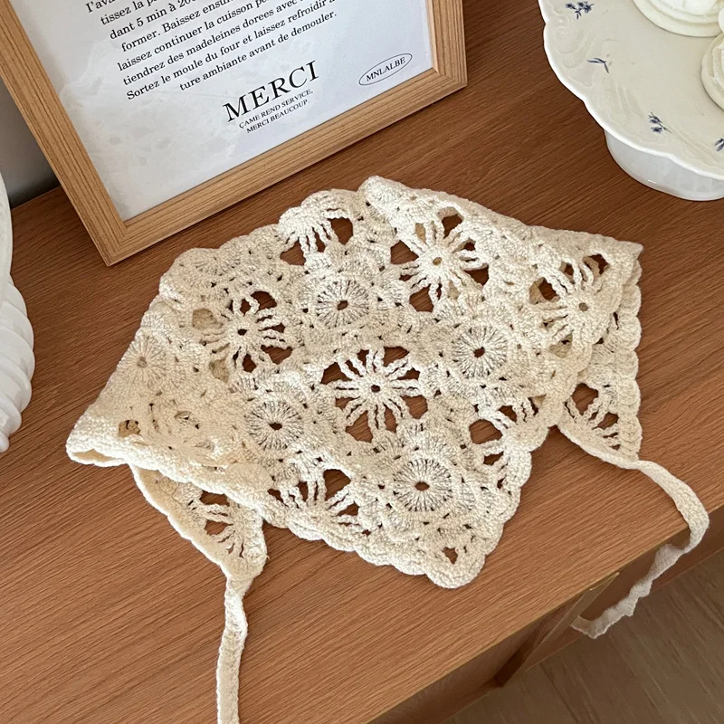 Fashion Knitted Headscarf Women French Pastoral Style Triangle Headband Handmade Crochet Headband Towel Retro Flower Headscarf image 6