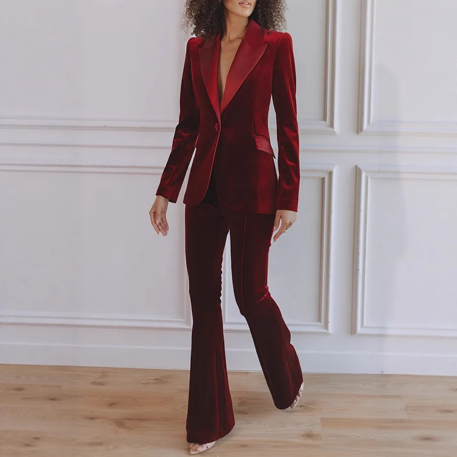 

Temperament Slim Suit Two Piece Set Women Solid Color Velvet Lapel Blazer Trousers 2 Piece Sets Elegant Lady Commuting Clothing