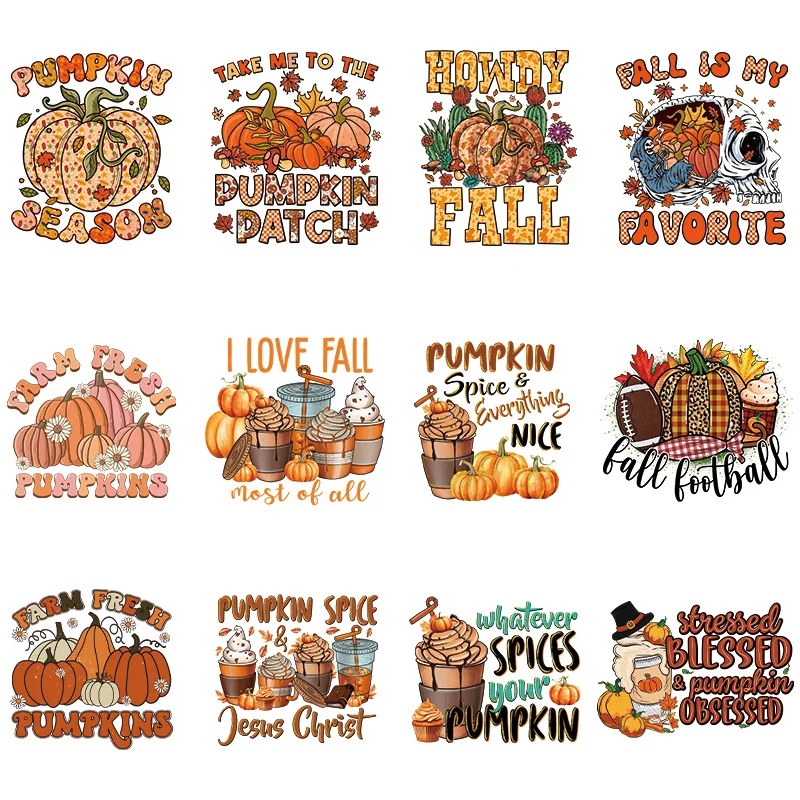 Fall Pumpkin s Iron-On Heat Transfer Patches Diy Vinyl Decals For T-Shirts Jeans Jackets Press Printing Washable Decal