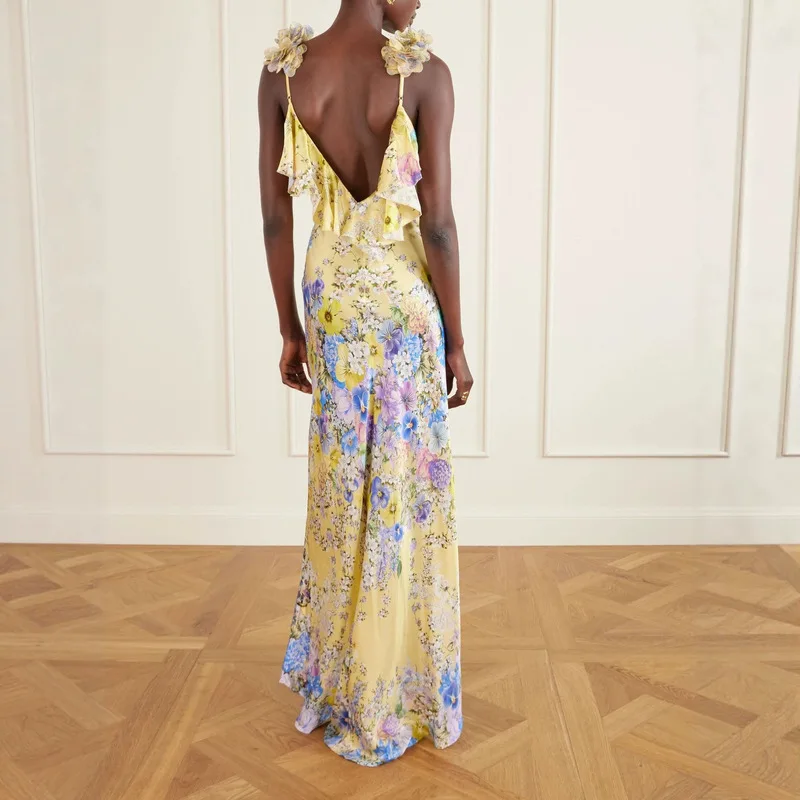 100% Silk Floral Print Sleeveless Sling Maxi Dress for Women Elegant Deep V Neck Backless Sexy Club Party Long Dress