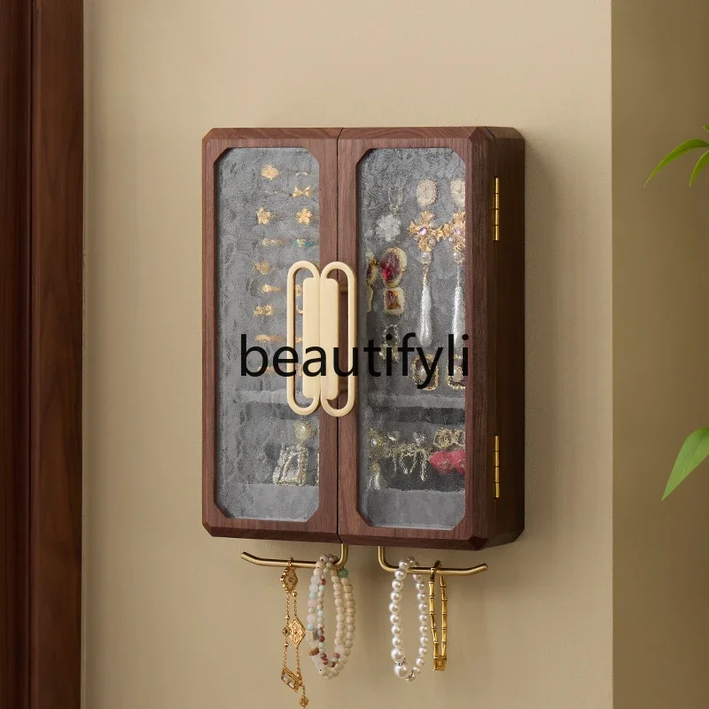 Solid wood wall-mounted jewelry storage box, bathroom nail-free wall jewelry display stand, high-end hand jewelry box.