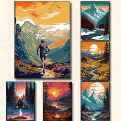 Abstract Sunset Mountain Hiking Canyon Campfire Lake Forest Poster Canvas Painting Wall Art Pictures Home Interior Decor
