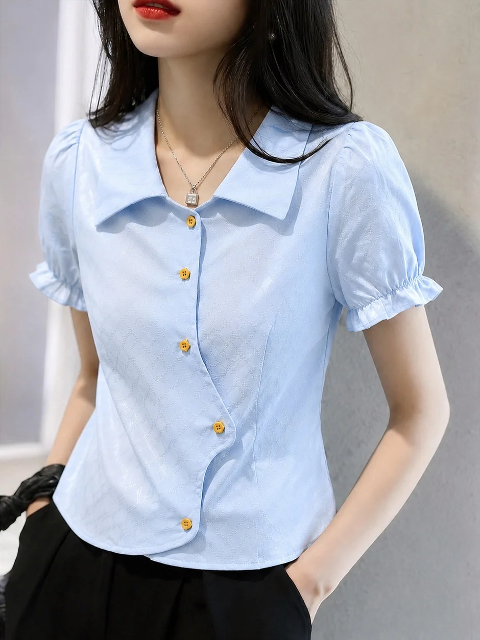

Fashionable Summer 2026 Collar Short Sleeve Shirt Single Button Design Korean Style Trendy Top Women's Silk Clothing
