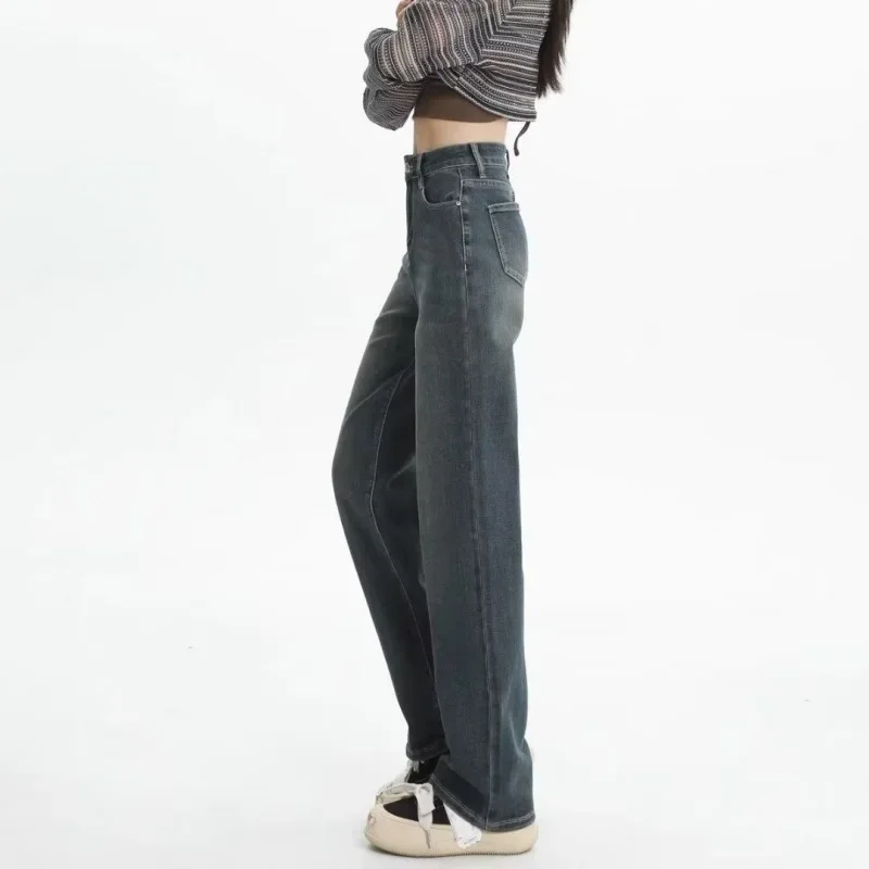 Women's High-Waisted Fleece-Lined Straight-Leg Jeans New Arrival Autumn/Winter 2024 Slimming Concrete Grey Petite Bell Bottoms