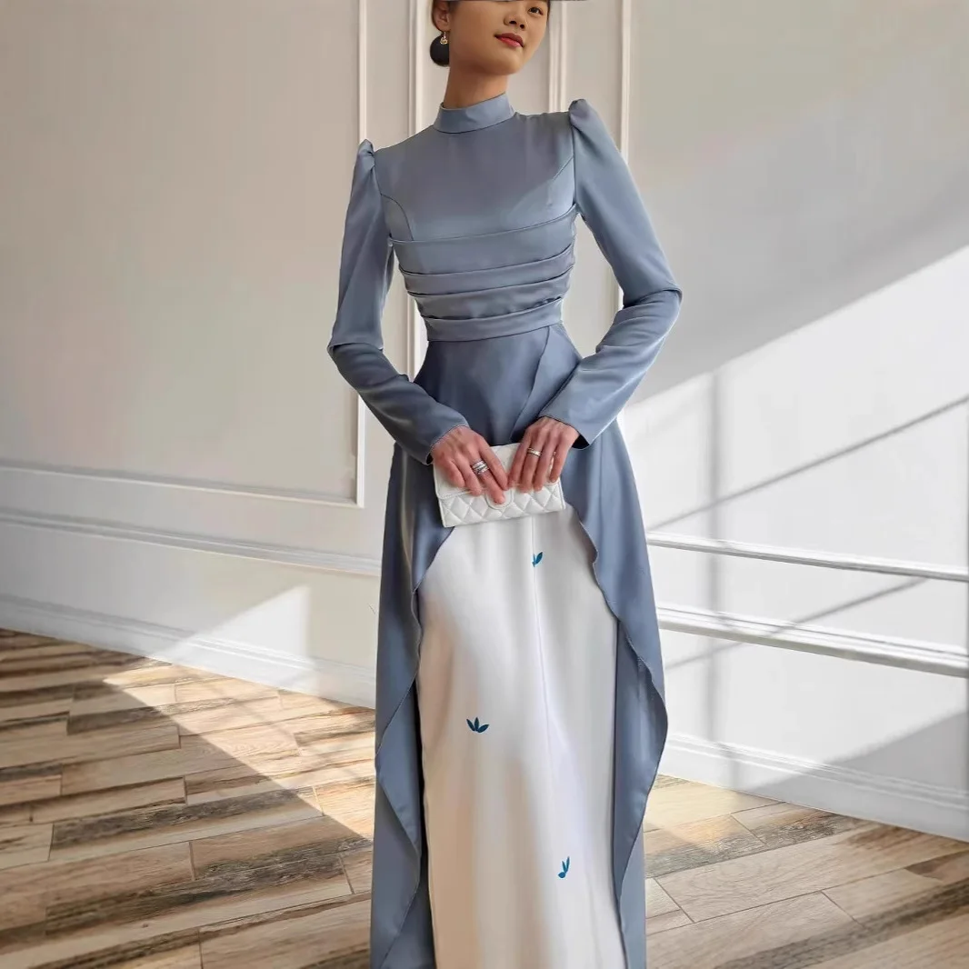 

2025 European and American new niche celebrity temperament slim trailing dress contrasting color long dress dress