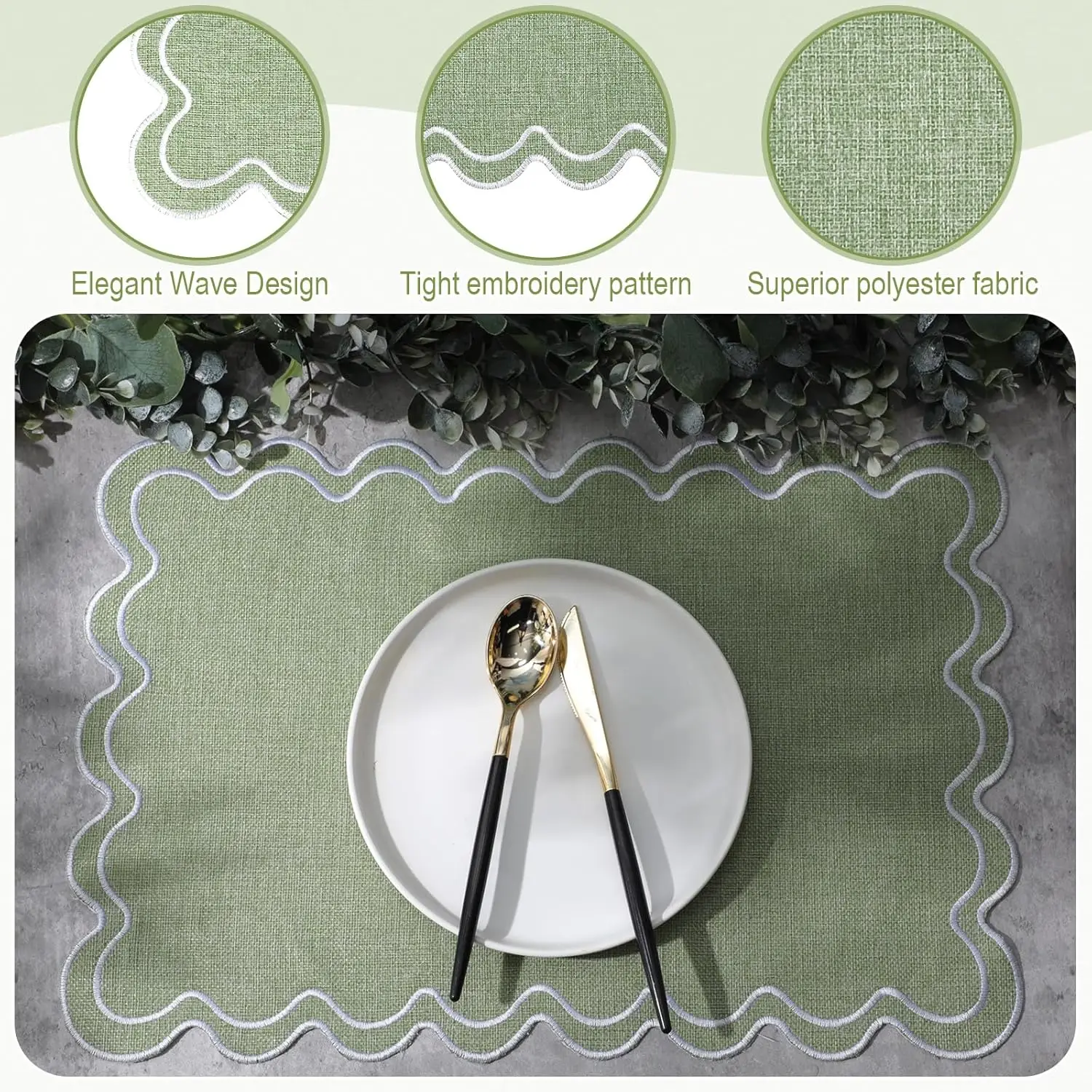 Cotton Linen Placemats, 13x19 Inch Scalloped Wavy Embroidery Placemat Washable Rustic Rectangle Dinner Table Mats for Kitchen