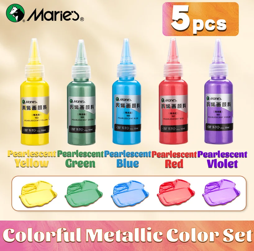 5pcs Marie's Metallic Acrylic Paint Set, Rich Colorful Pearlescent Pigments for Gloss Shimmer Craft, DIY, Rock Design