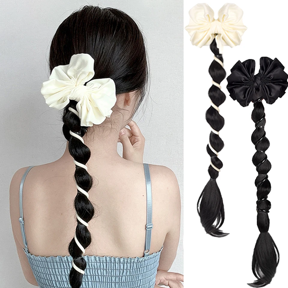 Synthetic Claw Clip Braided Long Ponytail Bow Tie Ponytail Braid Clip Two-Band Boxing Twist Braid Ponytail Hair Extension Access