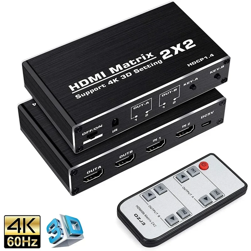 

2x2 HDMI Matrix Switcher 4K Matrix HDMI Switch Splitter 2 in 2 out Video Audio Converter with IR Control for PS4 PC Laptop HDTV