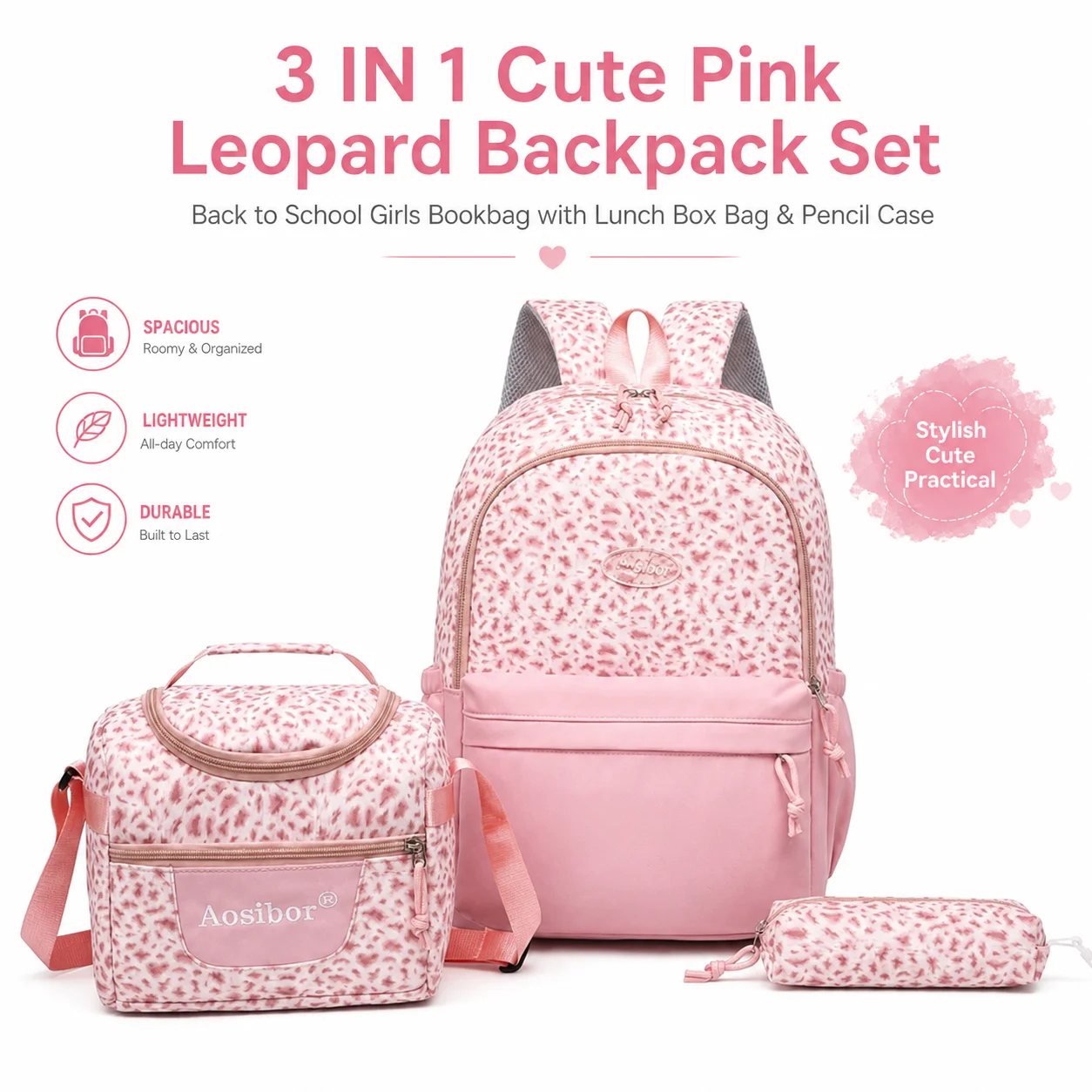 Backpack, Leopard Print, 3 in 1 Set, Lightweight Large Capacity, Junior High School Bag, Pencil Case, Lunch Bag