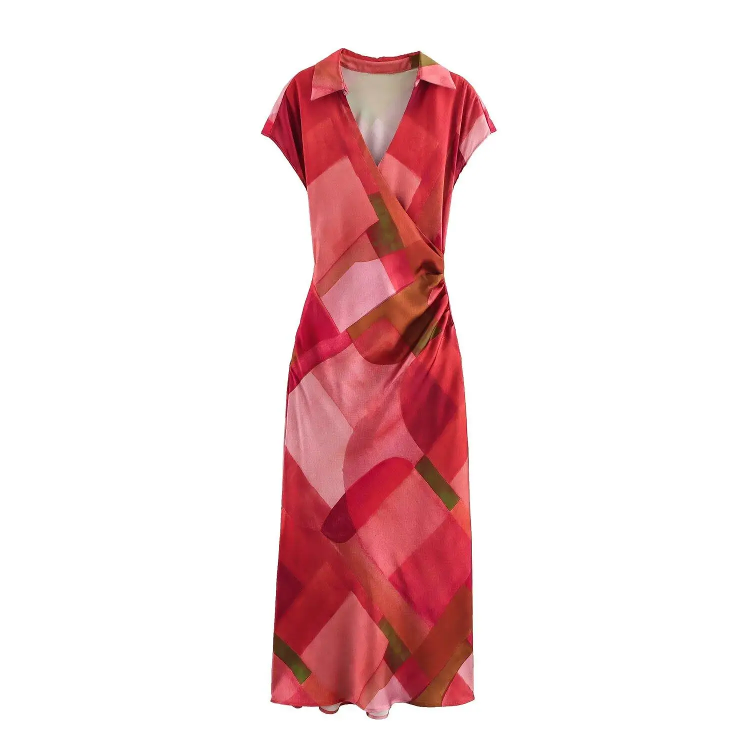 패셔너블한 기하학적 프린트 실크 새틴 느낌 여성 드레스 미디 길이 민소매 브이넥 캐주얼 스타일 여름 시즌