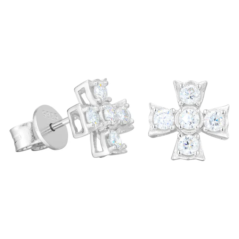 1Pair S925 Sterling Silver Hip Hop Moissanite Paved Bling Ice Out Cross Stud Earrings for Men Women Rapper Jewelry