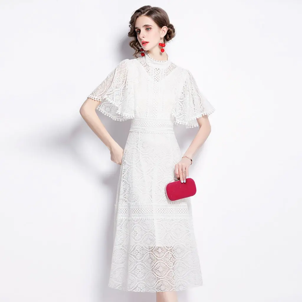 Vestido elegante de encaje blanco para mujer, vestido largo de verano adecuado para banquetes, ocasiones de fiesta de cumpleaños francesa