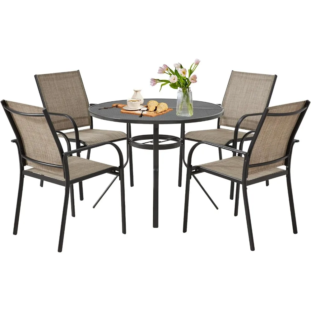 

5 Piece Patio Table and Chair Set for 4, Outdoor Dining Set Includes 37.25" Round Table with 1.73" Umbrella Hole and 4 Stackabl