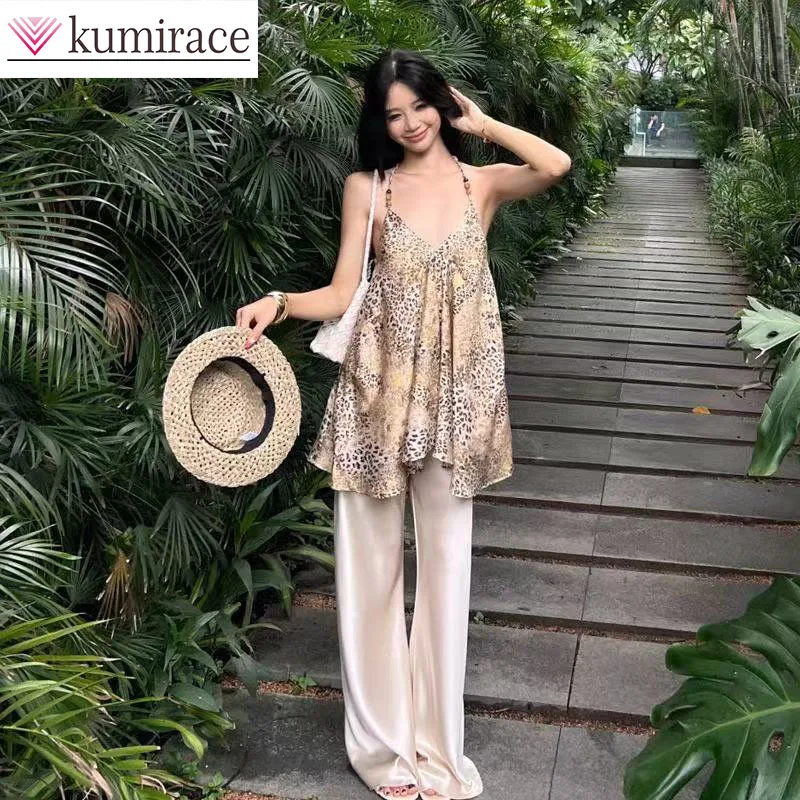 

New Korean Irregular Leopard Print Halter Top, Women's Summer Fashion Casual Pants, Straight Leg Pants Two-piece Set Pant Sets