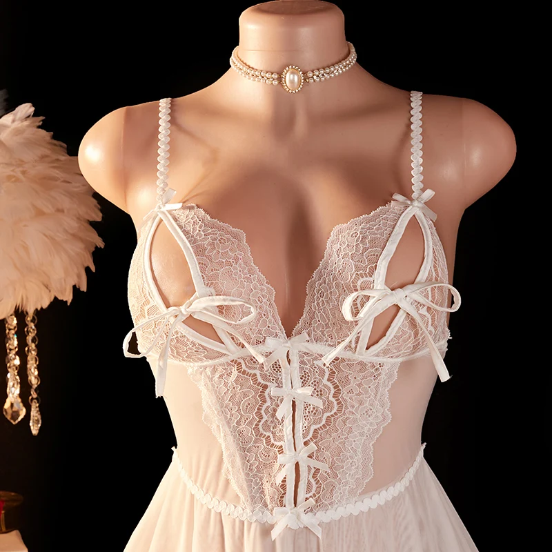 Transparent Sexy Woman Lingerie Deep V White Lace Backless Sleeping Dress Set Open Bow Bra Erotic Nightgown Costumes view 3