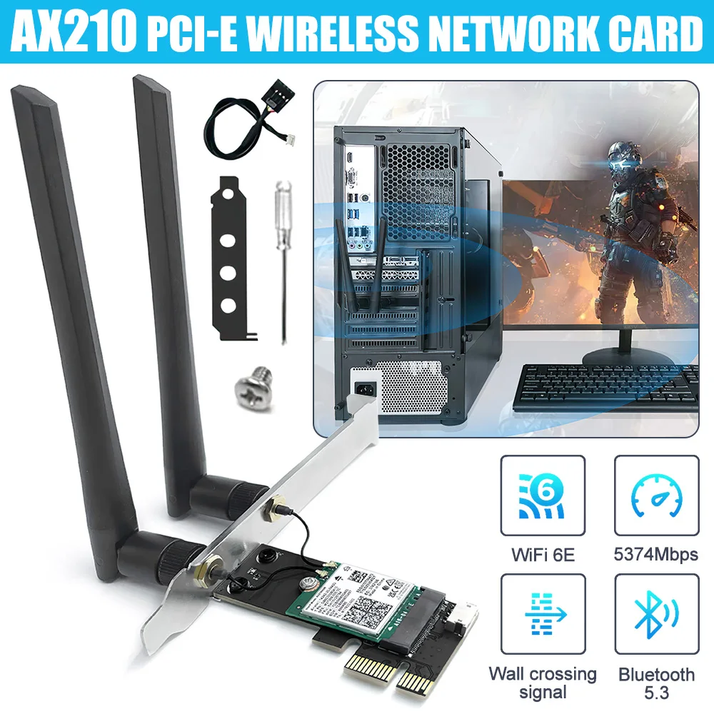 

WiFi 6E Bluetooth 5.3 PCI-E Desktop Wireless Network Card 2.4G 5G 6G 5374Mbps WiFi Adapter PCI Express 802.11AX Intel AX210