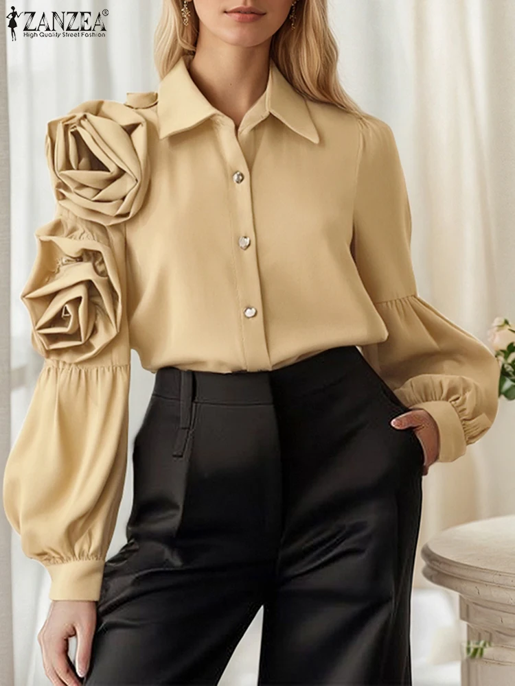 

ZANZEA Elegant Shirts Women Long Seeve Blouse 2025 Summer Decor Flowers Tops Fashion OL Work Tunic Solid Casual Loose Blusas
