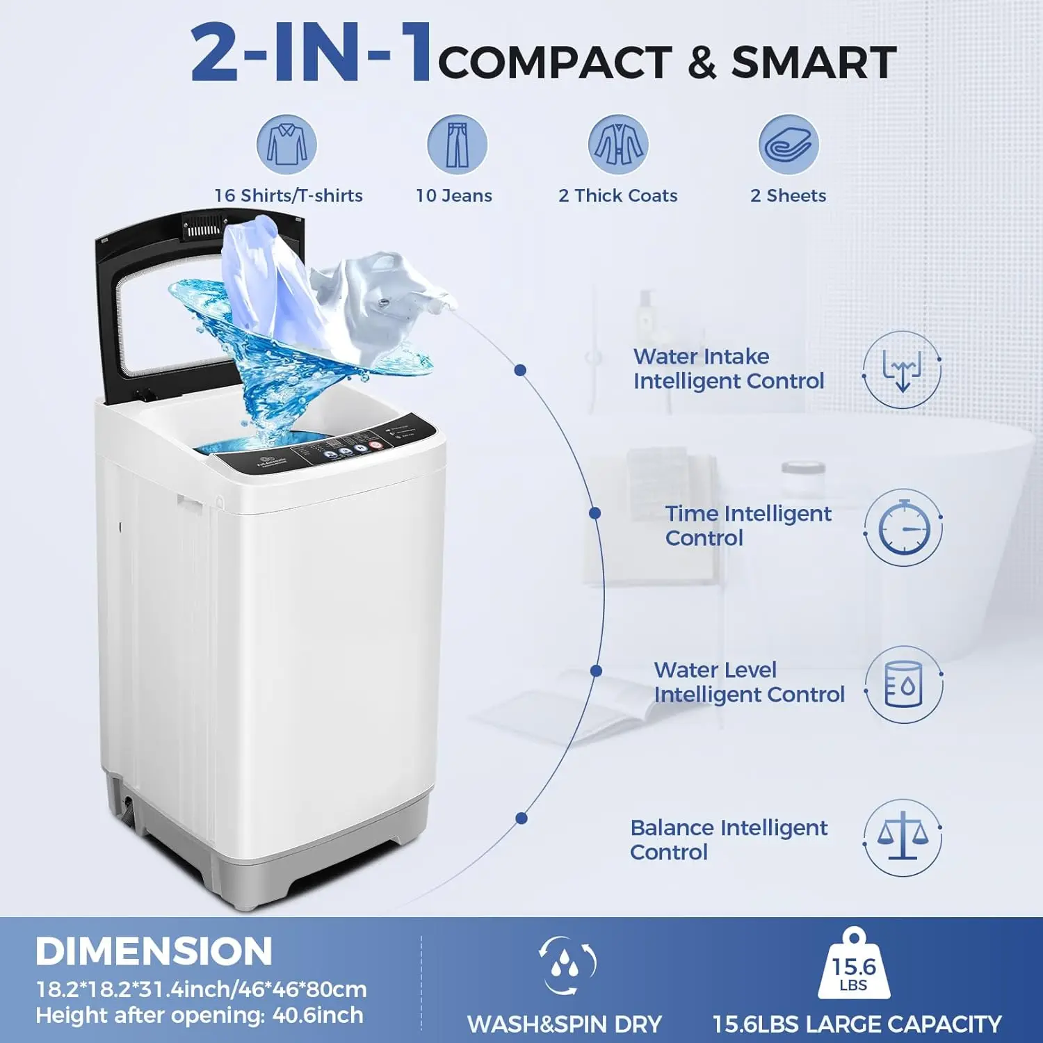 Portable Washing Machine 15.6Lbs Capacity 2.1 Cu.ft Portable Washer and Dryer Combo with 10 Programs and 8 Water Level