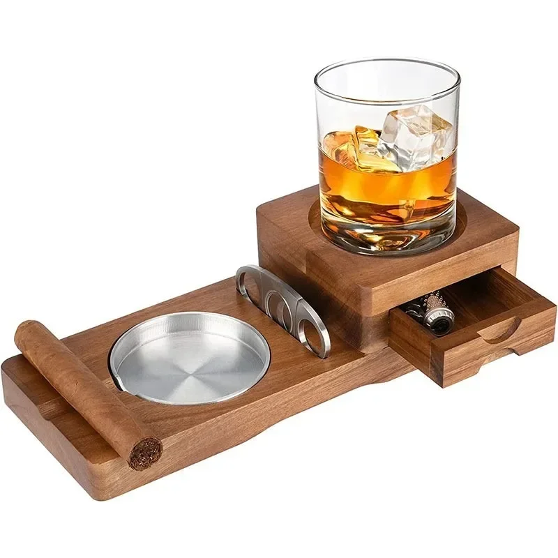 Household Simple Portable Whiskey Glass Stand Wooden Drawer Cigar Ashtray Decoration