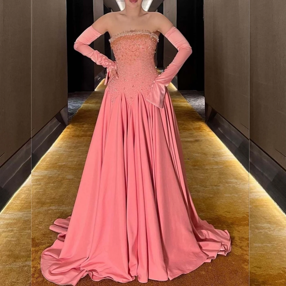 

Customized Women Luxury Evening Dress Sparkle Pink Strapless A-line Long Dresses Bespoke Occasion Elegant Party Wedding