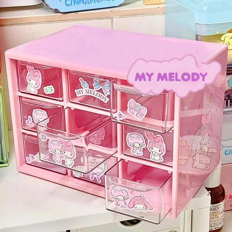 Kawaii Sanrio Anime Nine Palace Grid Storage Box Cute my melody Kuromi Cinnamoroll cartoon Dust proof drawer type gift for girls