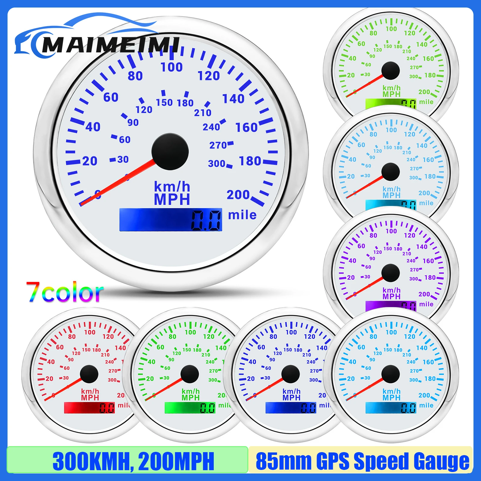 0-300KMH,0-200MPH 85mm GPS Speedometer Gauge with GPS antenna Waterproof 7 Color Light Speed Meter Odometer for Car Boat 12V 24V