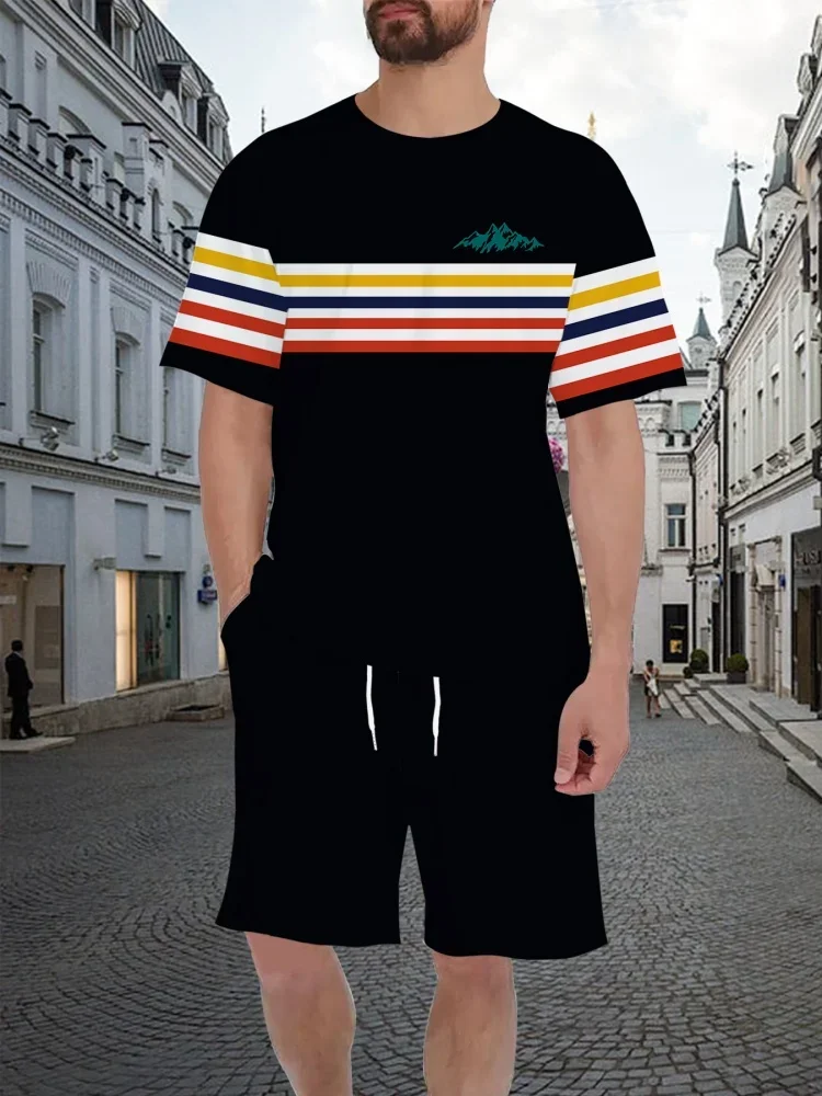 Camiseta con estampado 3D a rayas para hombre, conjuntos informales con cuello redondo y manga corta, camiseta para actividades al aire libre, ropa de calle de gran tamaño para verano