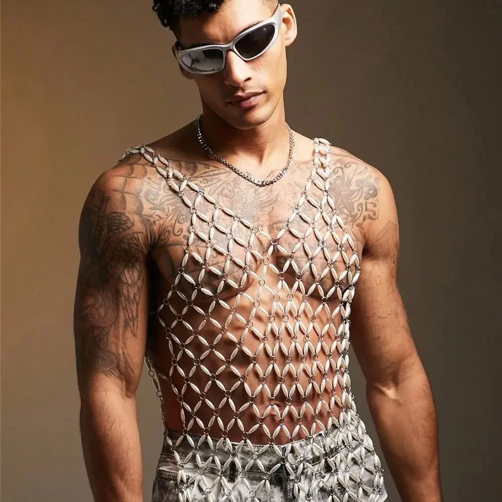 

New Men's Pearl-Embellished Vest Sexy Cross-Back Top Music Party Performance Wear Stage Costumes & Club Attire