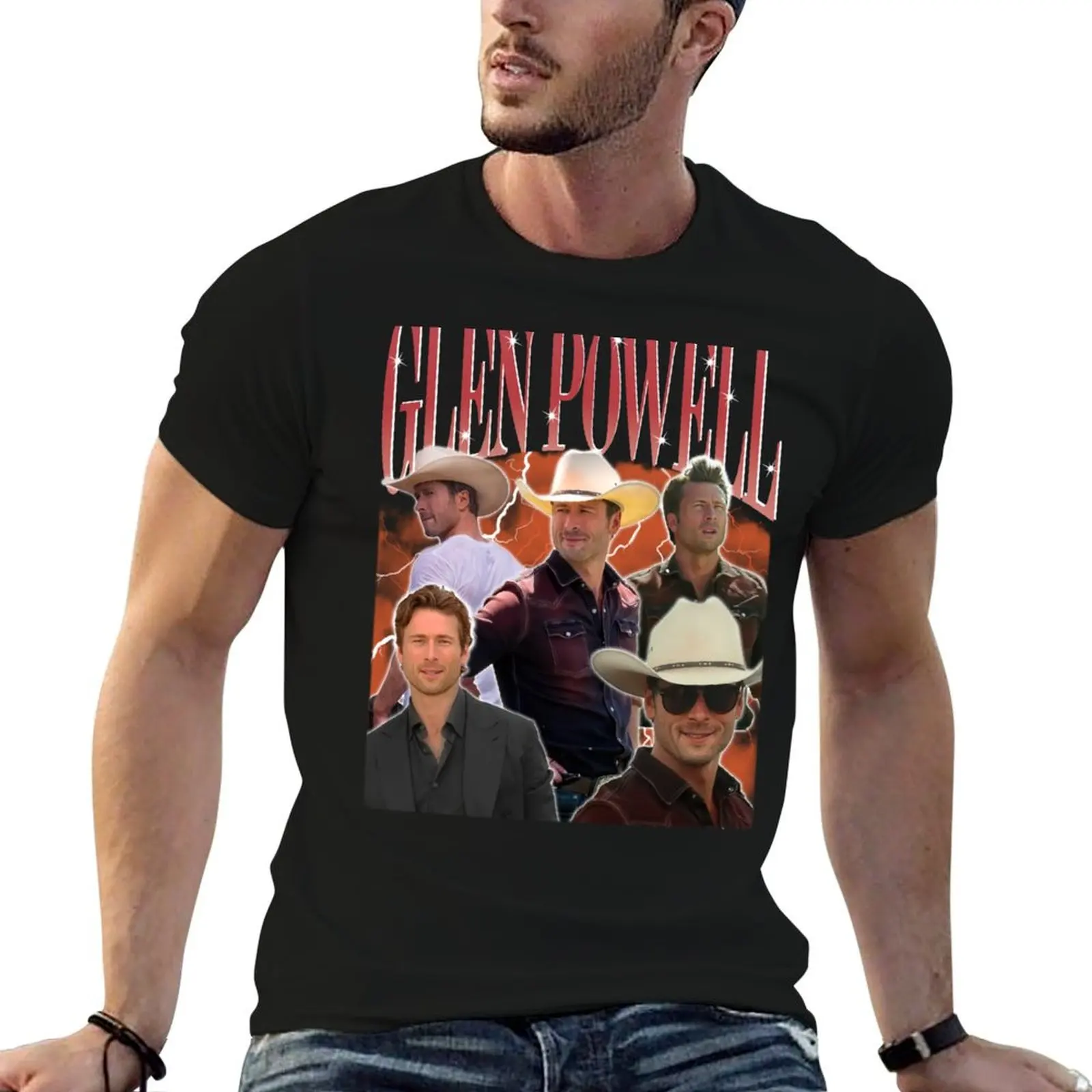 

Retro Glen Powell Actor T-Shirt oversized graphic tee summer tops mens graphic t-shirts