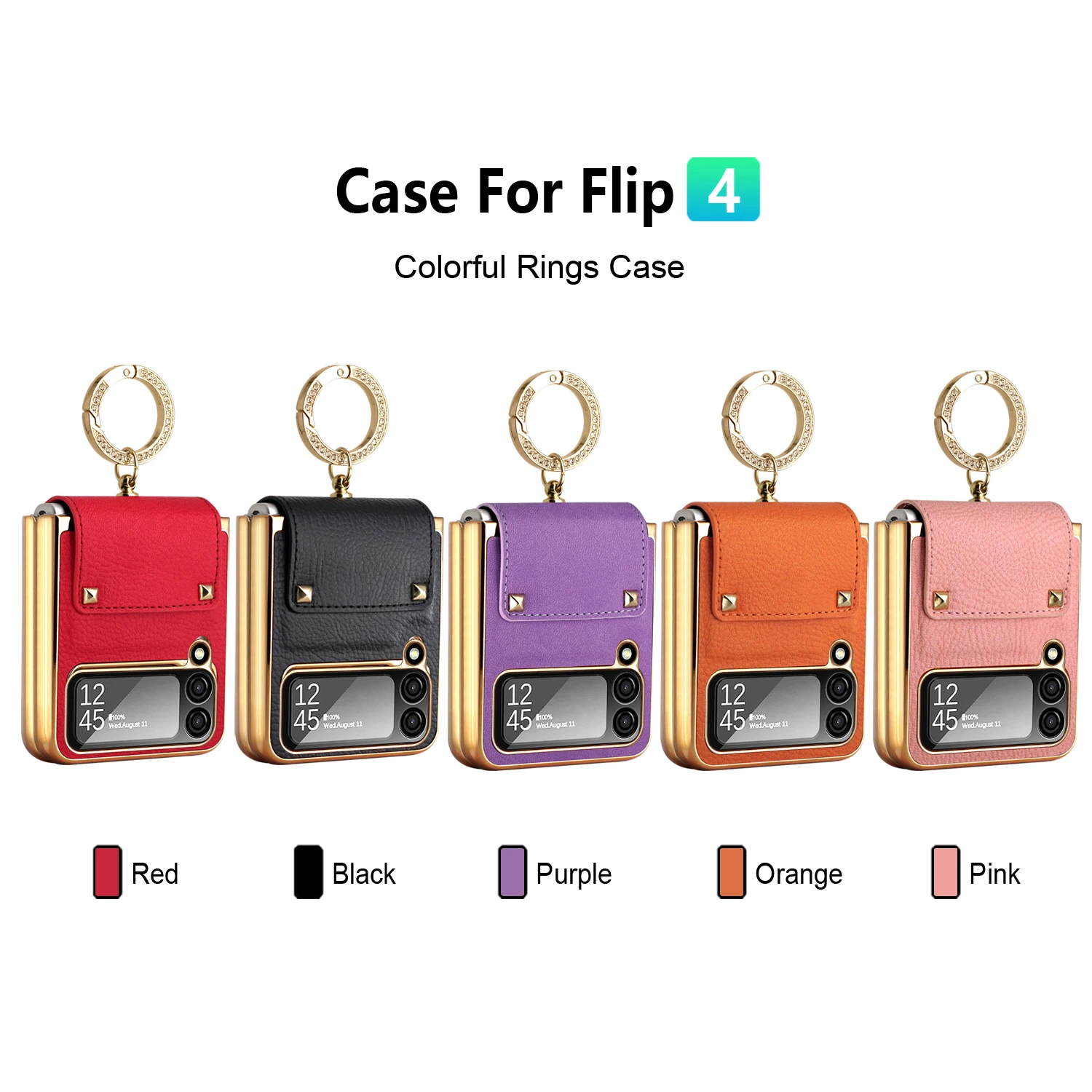 Vietao Z Flip 3 Flip 4 Cover, Plating PC Ring Holder, Orange Leather Mobile Phone Case for Samsung Galaxy Z Flip 4 3 Zflip4