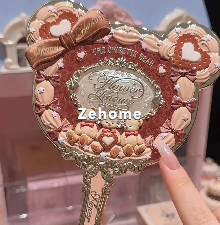 Flower Knowledge Sweetheart Bear Mirror Portable Compact Makeup Tool Handle Makeup Mirror