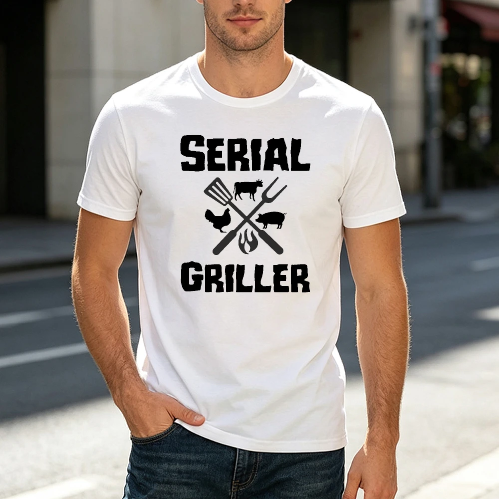 Serial Griller Barbecue Graphic White Top Grill Master Men Tee BBQ Chef Shirt Funny Cooking Humor T-Shirt Summer Party Tops